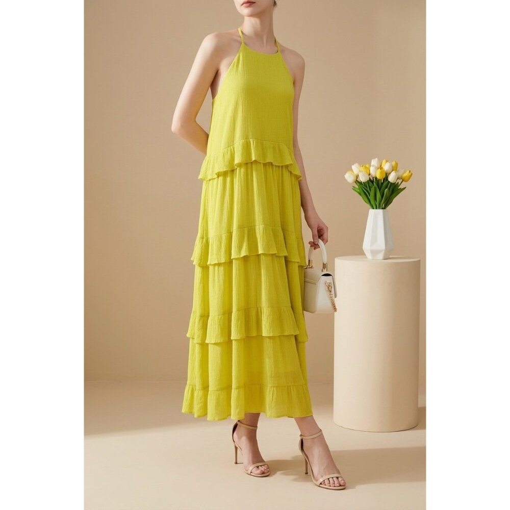 AURA  Halter Maxi Dress Tired Ruffles Fully‎ Lined Yellow